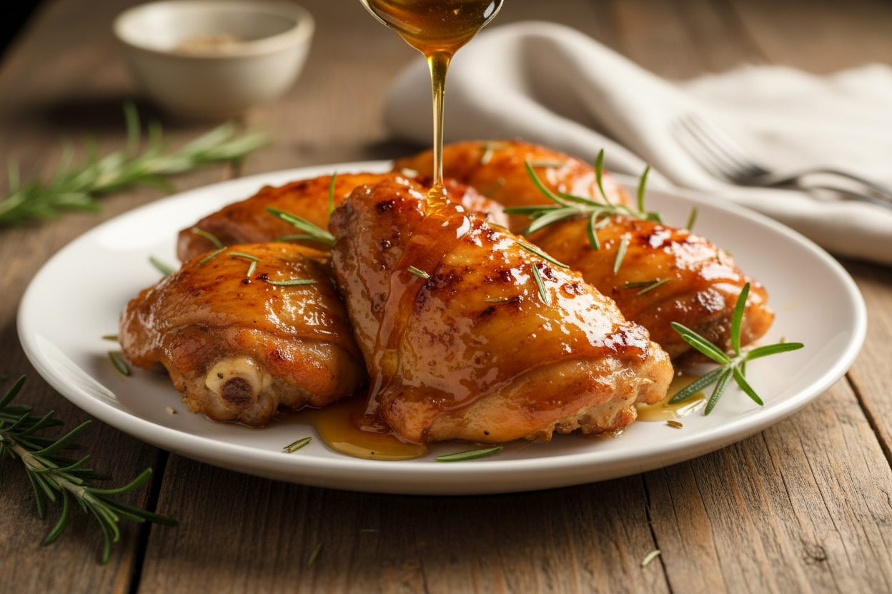 Eucalyptus honey glazed chicken roasted golden with fresh herbs, served with rice and vegetables