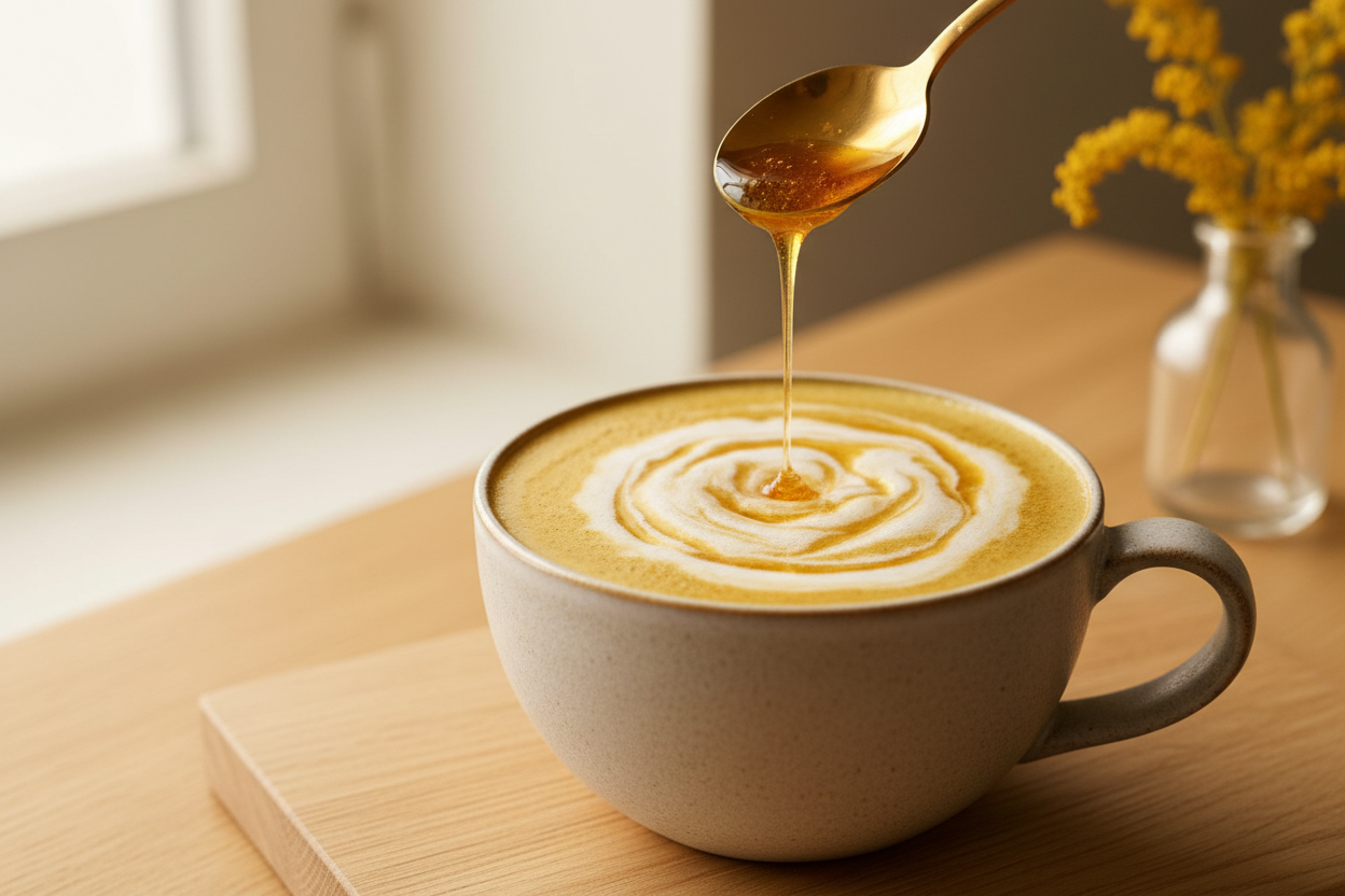 Golden honey latte with cinnamon in a white mug, sweetened with Nectar & Comb Vanilla Honey