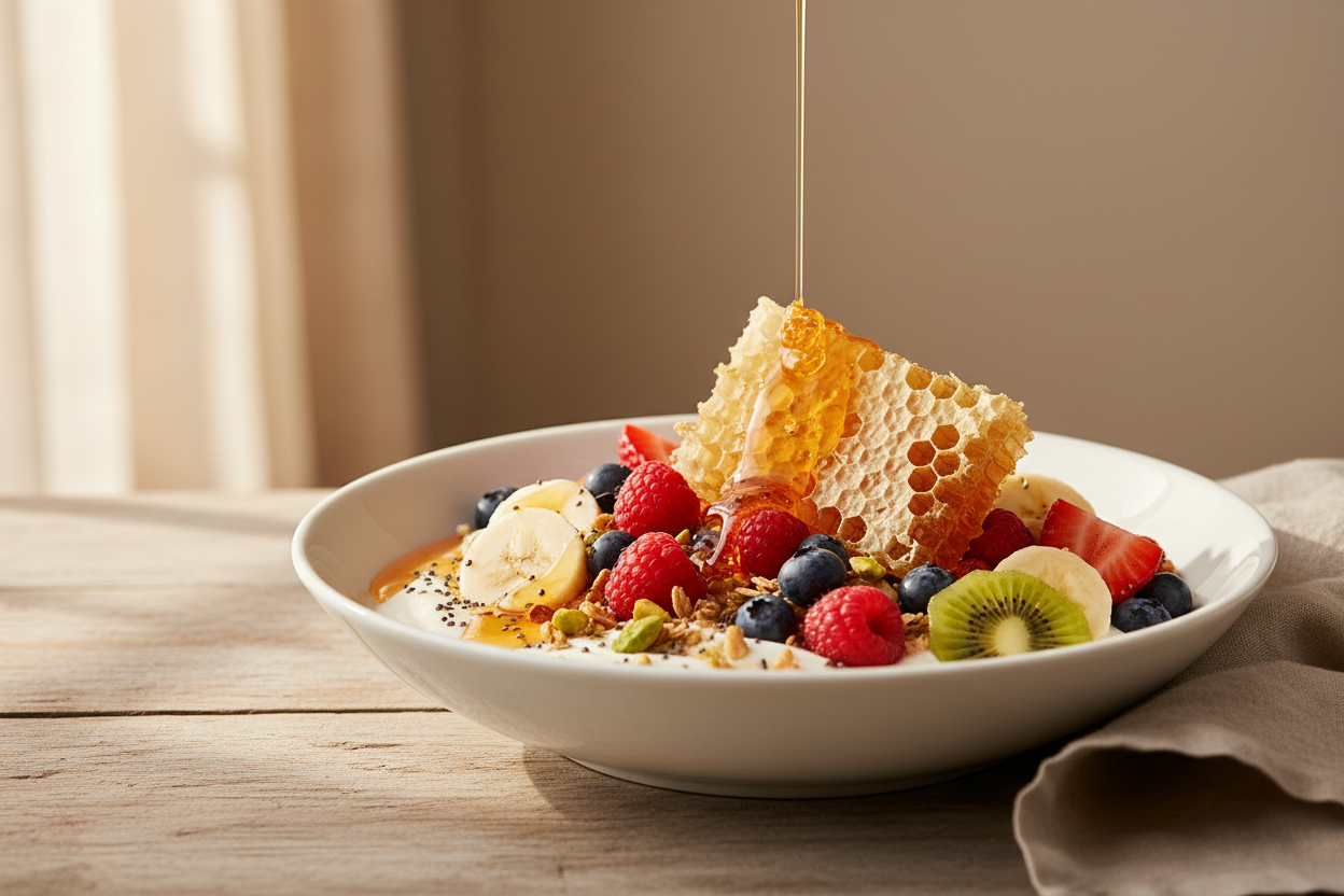 Honey and yogurt breakfast bowl topped with fresh berries, granola and Nectar & Comb honey