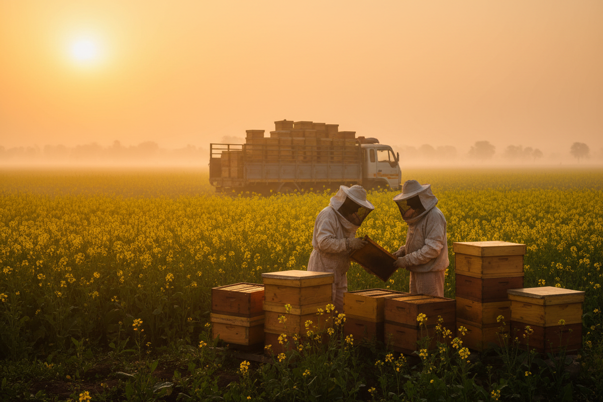 Migratory beekeepers of Punjab loading wooden hive boxes onto flatbed trucks to follow the eucalyptus bloom
