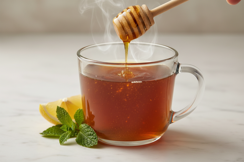 Sidr honey wellness tea in a clear glass mug with lemon, ginger and cinnamon, sweetened with Nectar & Comb Sidr Honey