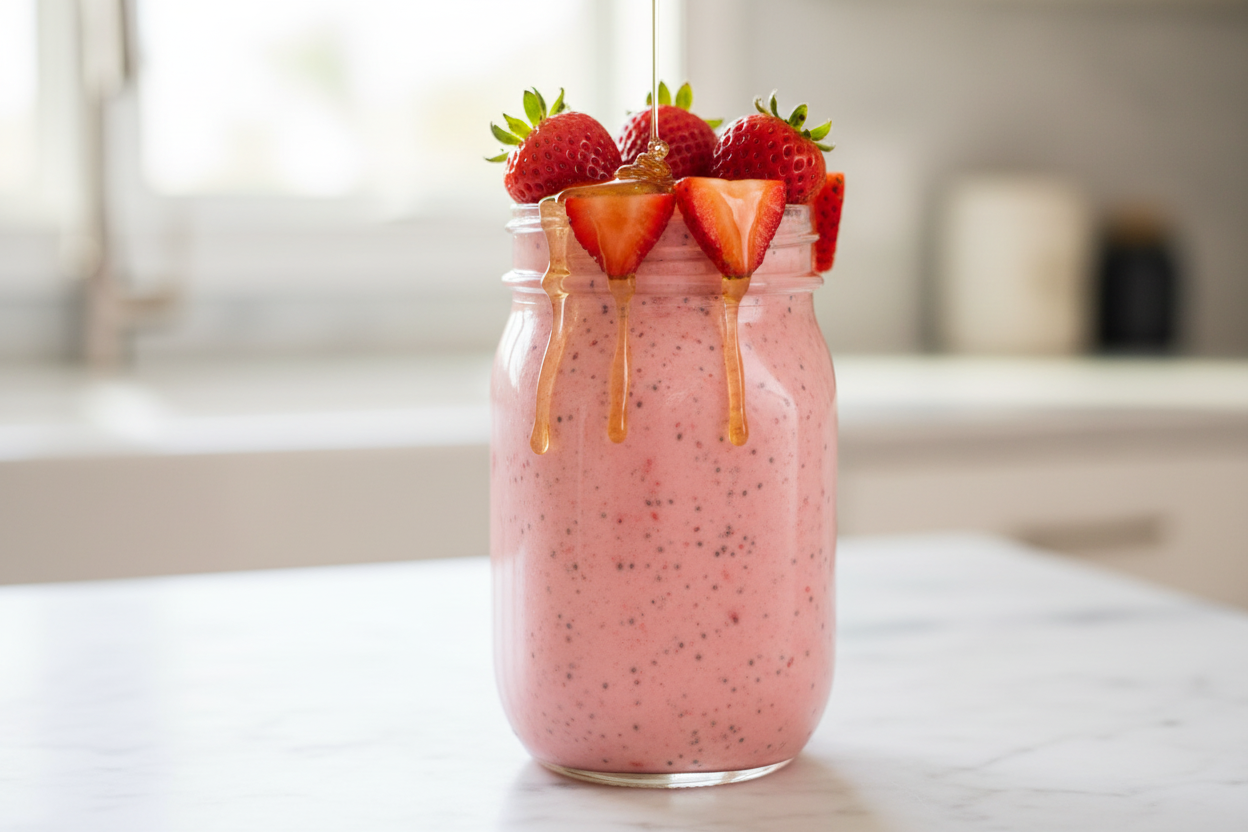 Multiflora honey strawberry smoothie in a glass jar with fresh strawberries and Nectar & Comb Snap-Click Sachet