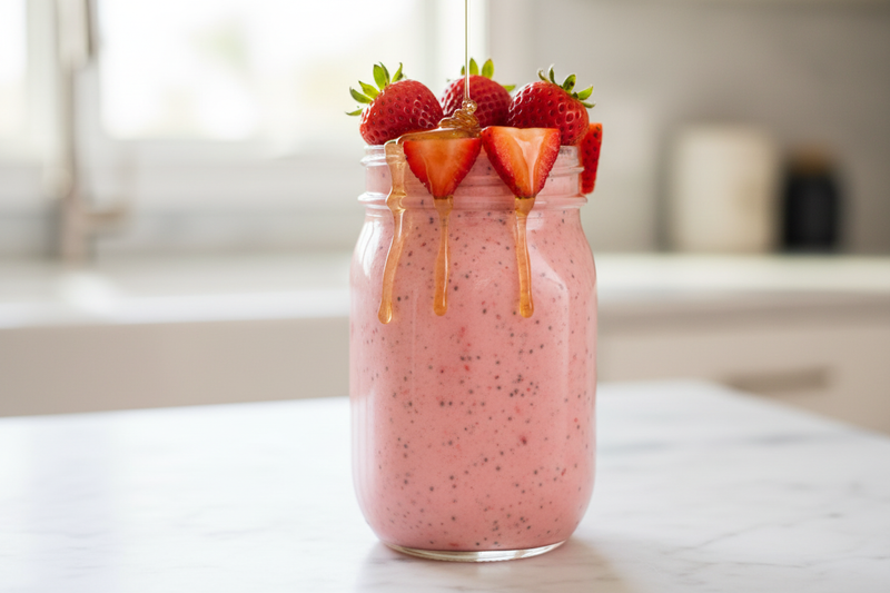 Multiflora honey strawberry smoothie in a glass jar with fresh strawberries and Nectar & Comb Snap-Click Sachet