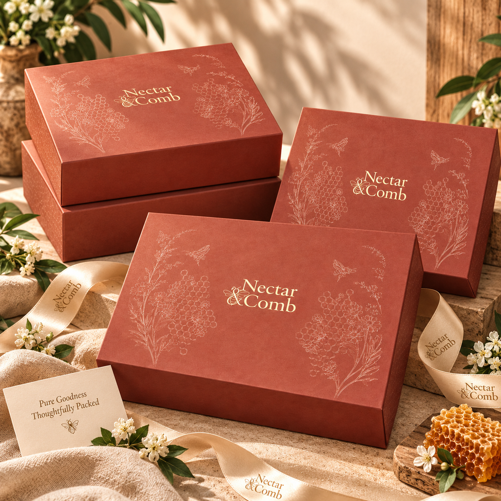 Three red Nectar & Comb gift boxes arranged on a rustic wooden surface with cream ribbons, small white flowers, honeycomb, and leaves. A small card reads 'Pure Goodness Thoughtfully Packed' and the boxes are printed with the Nectar & Comb brand name and botanical illustrations.