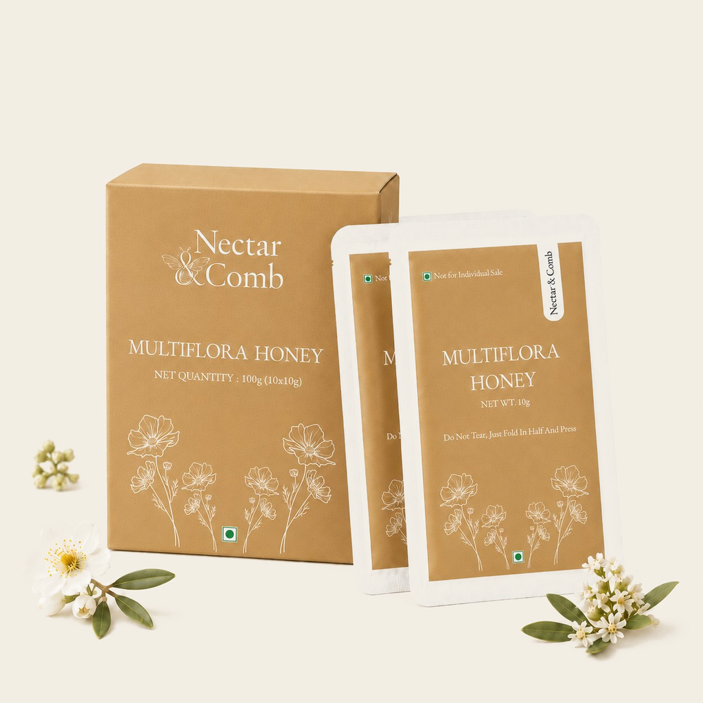 Nectar & Comb multiflora honey packaging on a white background with floral elements.