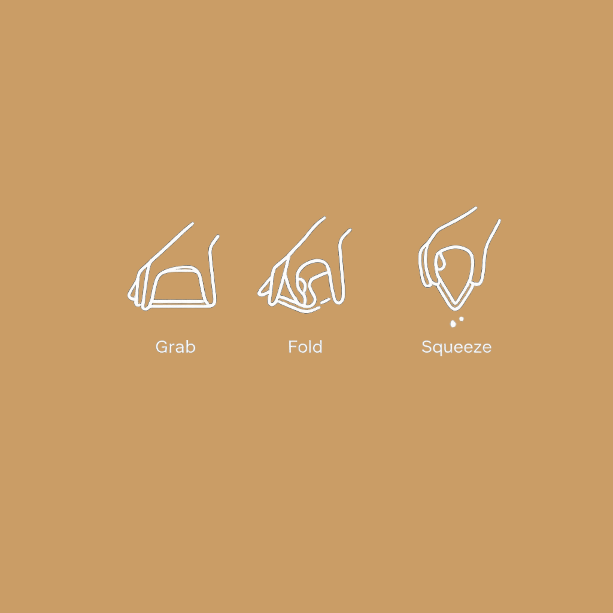 Instructions for folding a product with 'Grab', 'Fold', and 'Squeeze' steps on a brown background