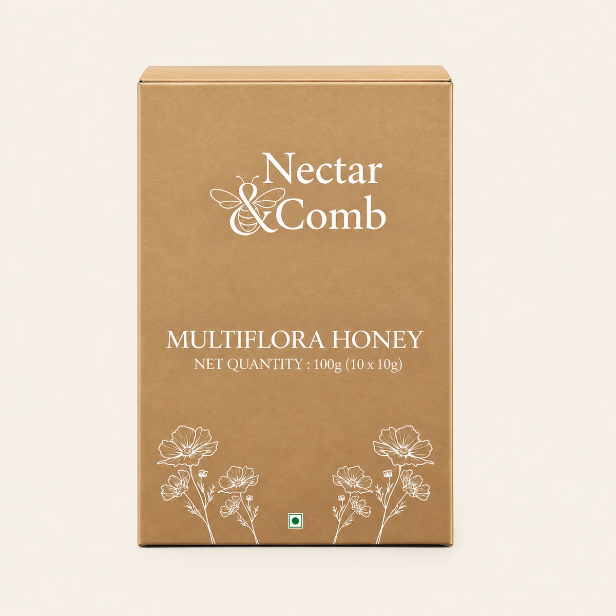 A rectangular brown cardboard box of Nectar & Comb Multiflora Honey, featuring white text and floral line drawings on a light cream background.