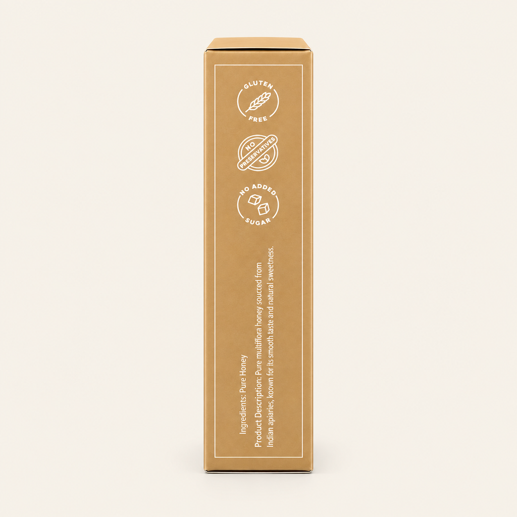 A tall, rectangular kraft paper box shown upright against a solid off-white background. The box features white printed icons indicating 'Gluten Free', 'Soy Free', and 'No Added Sugar', along with small ingredient text near the bottom.