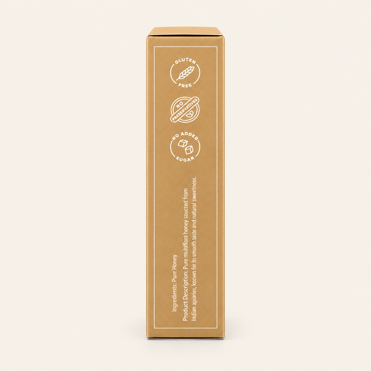 A tall, rectangular kraft paper box shown upright against a solid off-white background. The box features white printed icons indicating 'Gluten Free', 'Soy Free', and 'No Added Sugar', along with small ingredient text near the bottom.
