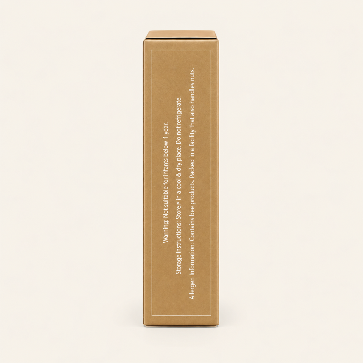 A tall, plain brown cardboard box shown upright against a warm off-white background. The front has a thin white border and small vertical text with a warning label.