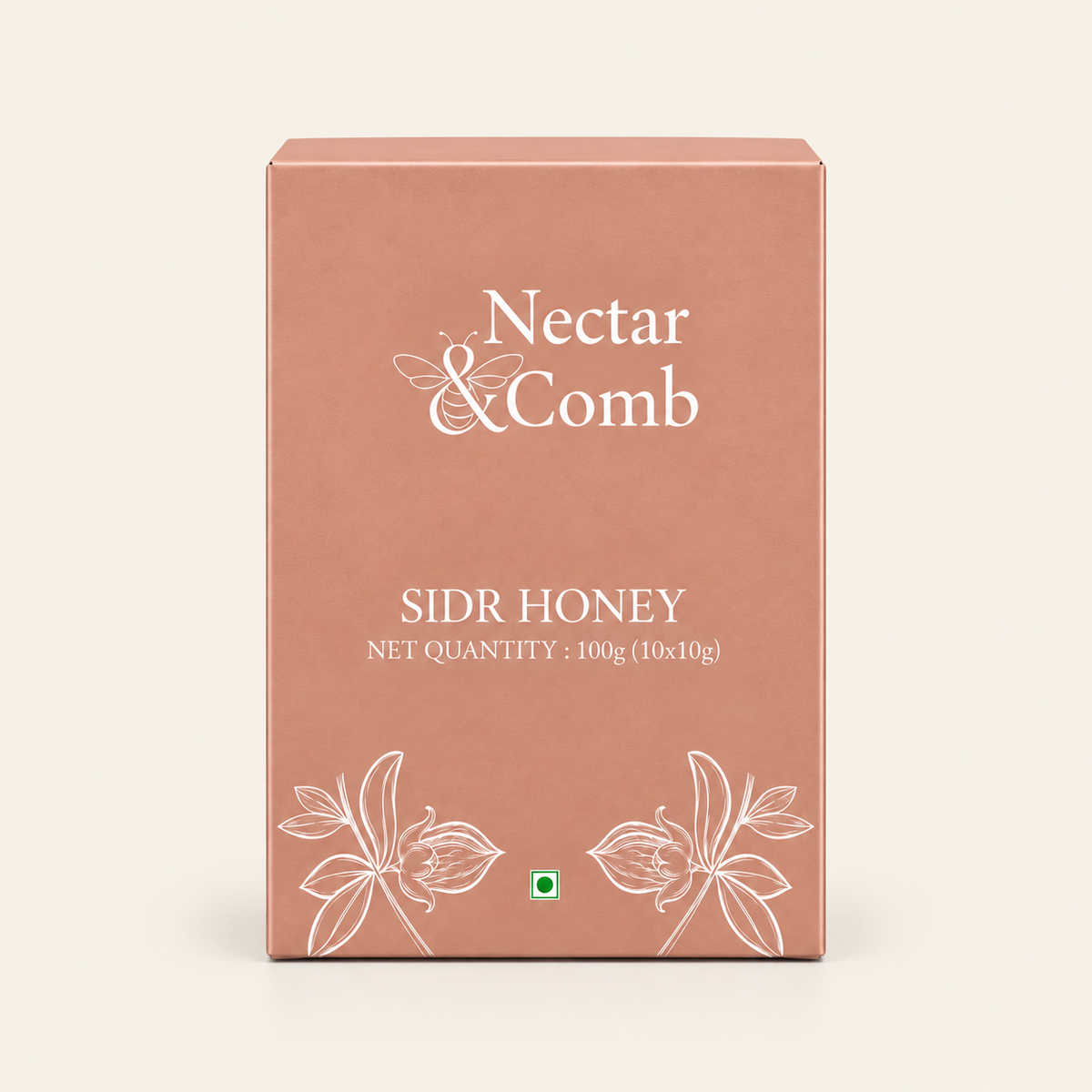 A rectangular dusty rose cardboard box for Nectar & Comb Sidr Honey, featuring white text and floral line drawings on a light cream background.