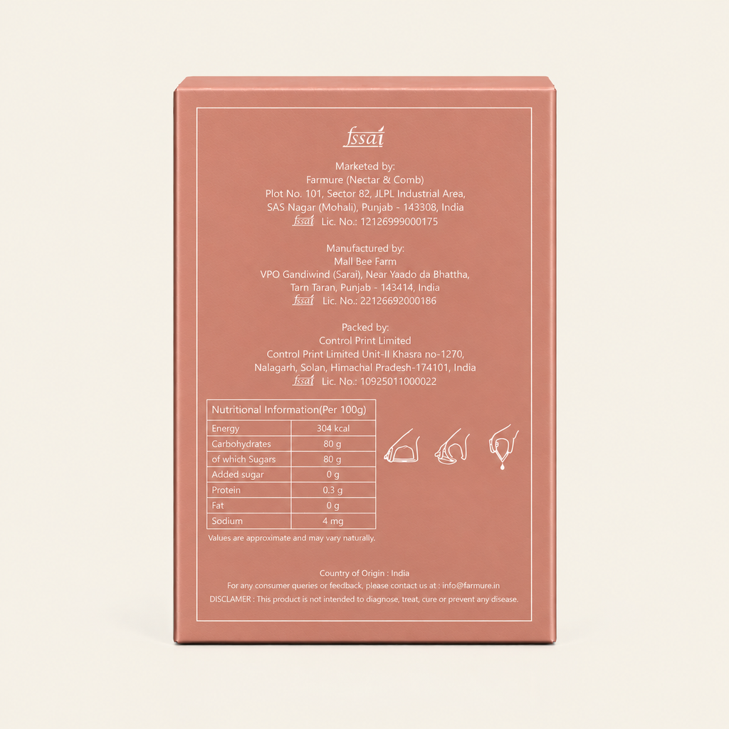 The back of a dusty rose pink cardboard box for 'Nectar & Comb' branded honey, featuring white text with product details, a nutritional information panel, and small line icons on a light cream background.