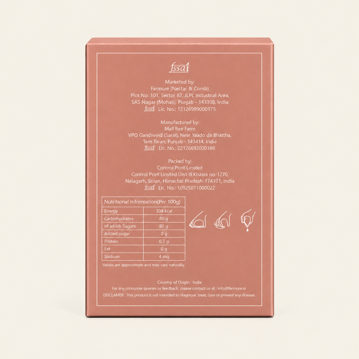 The back of a dusty rose pink cardboard box for 'Nectar & Comb' branded honey, featuring white text with product details, a nutritional information panel, and small line icons on a light cream background.