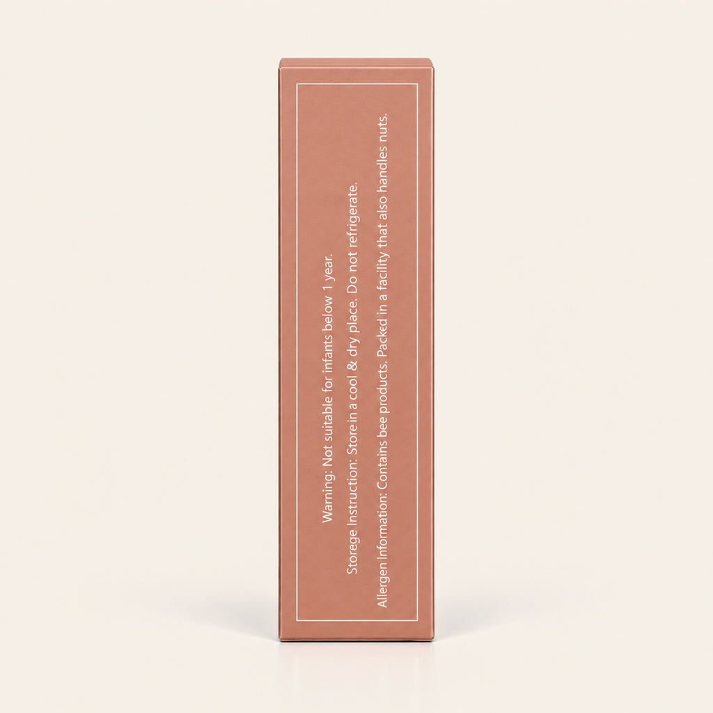 A tall, rectangular terracotta-colored cardboard box standing upright on a light cream background. The side of the box features white printed warning and storage instructions.