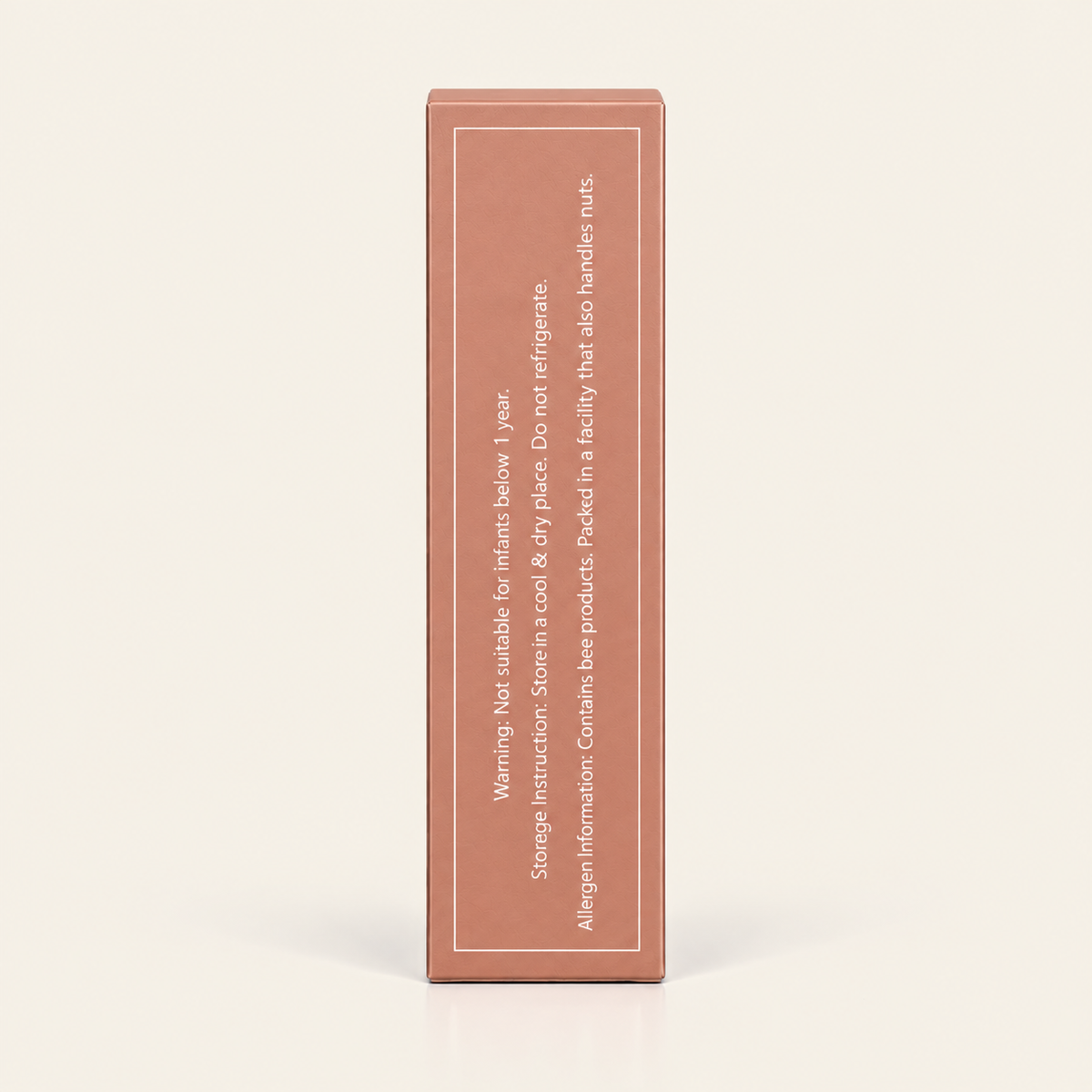 A tall, rectangular terracotta-colored cardboard box standing upright on a light cream background. The side of the box features white printed warning and storage instructions.