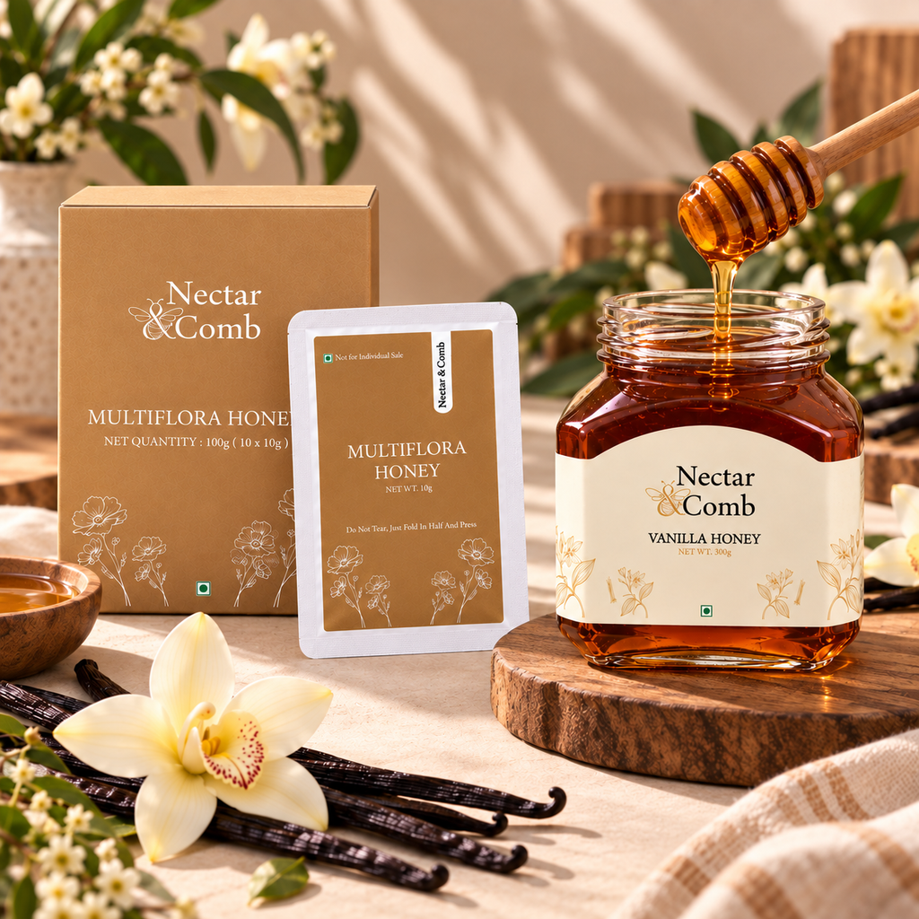 Nectar & Comb Vanilla Honey jar, box, and sachet displayed on a wooden stand with vanilla beans, a flower, and a honey dipper in a warm, styled setting.
