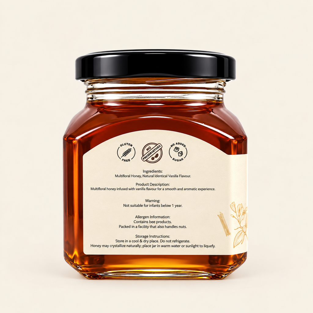 A glass jar of honey with a black lid and a cream label showing product details, photographed against a solid light beige background.