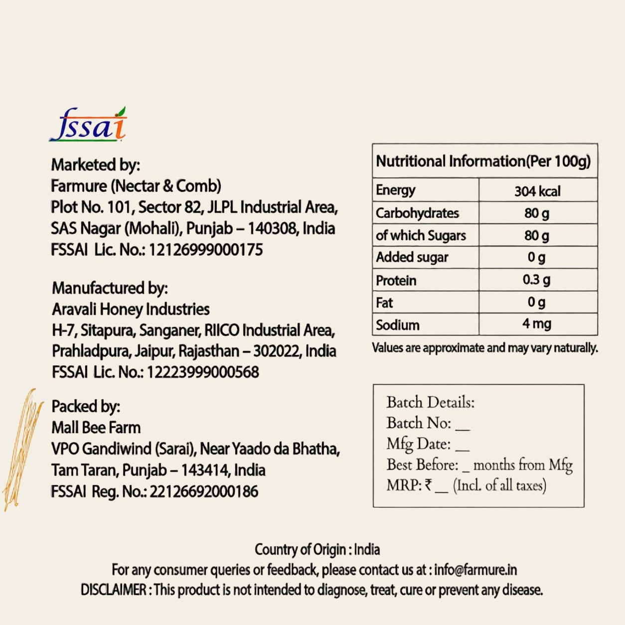 Nutritional information label on Vanilla  product with FSSAI details.
