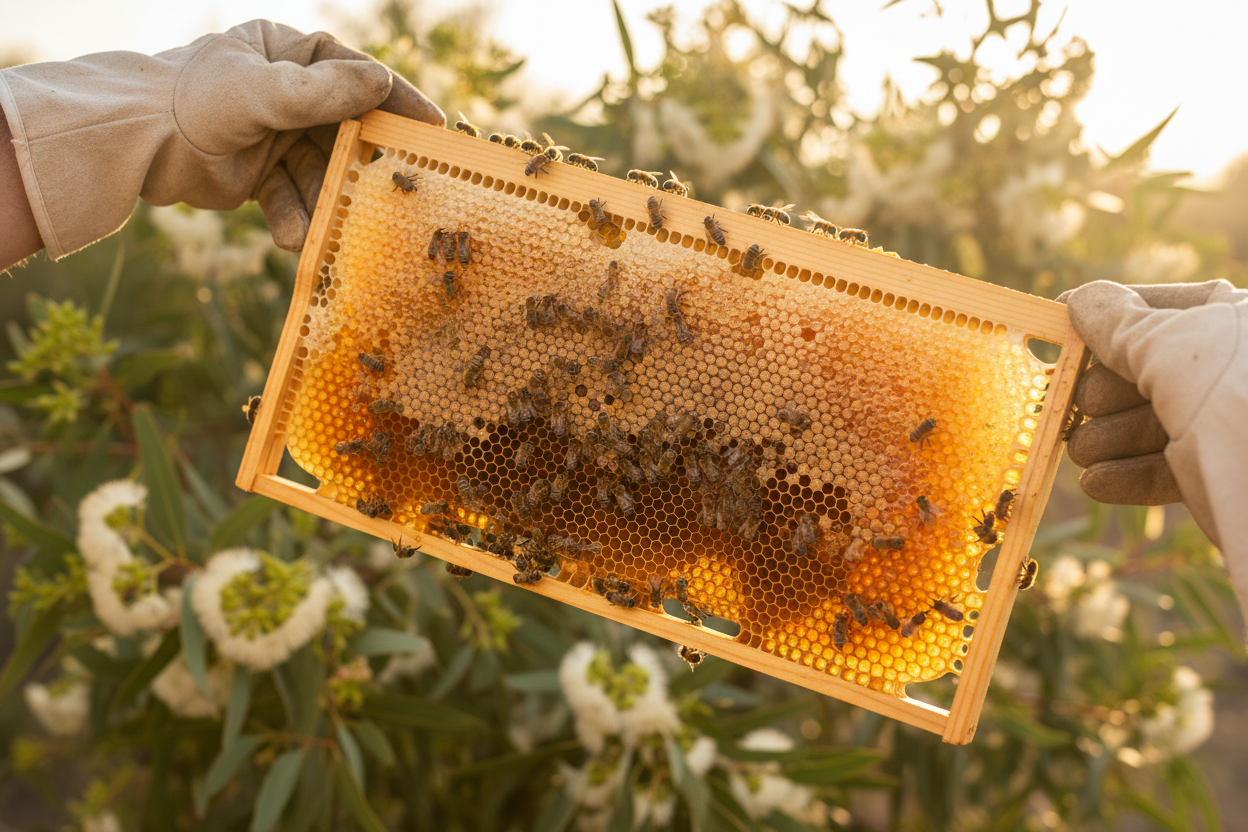 Beekeeper inspecting honeycomb